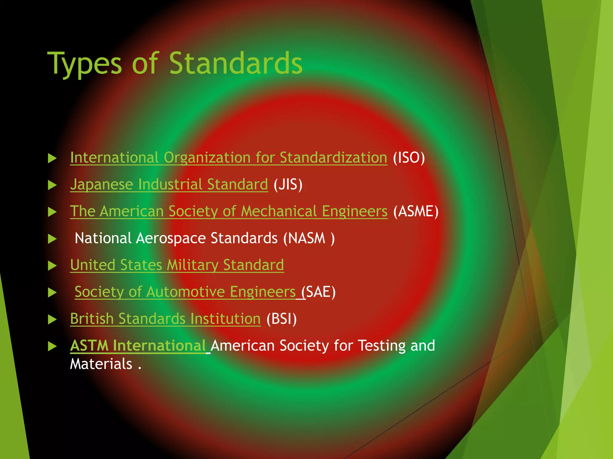 Types of Standards
 International Organization for Standardization (ISO)
 Japanese Industrial Standard (JIS)
 The American Society of Mechanical Engineers (ASME)
 National Aerospace Standards (NASM )
 United States Military Standard
 Society of Automotive Engineers (SAE)
 British Standards Institution (BSI)
 ASTM International American Society for Testing and
Materials .
 