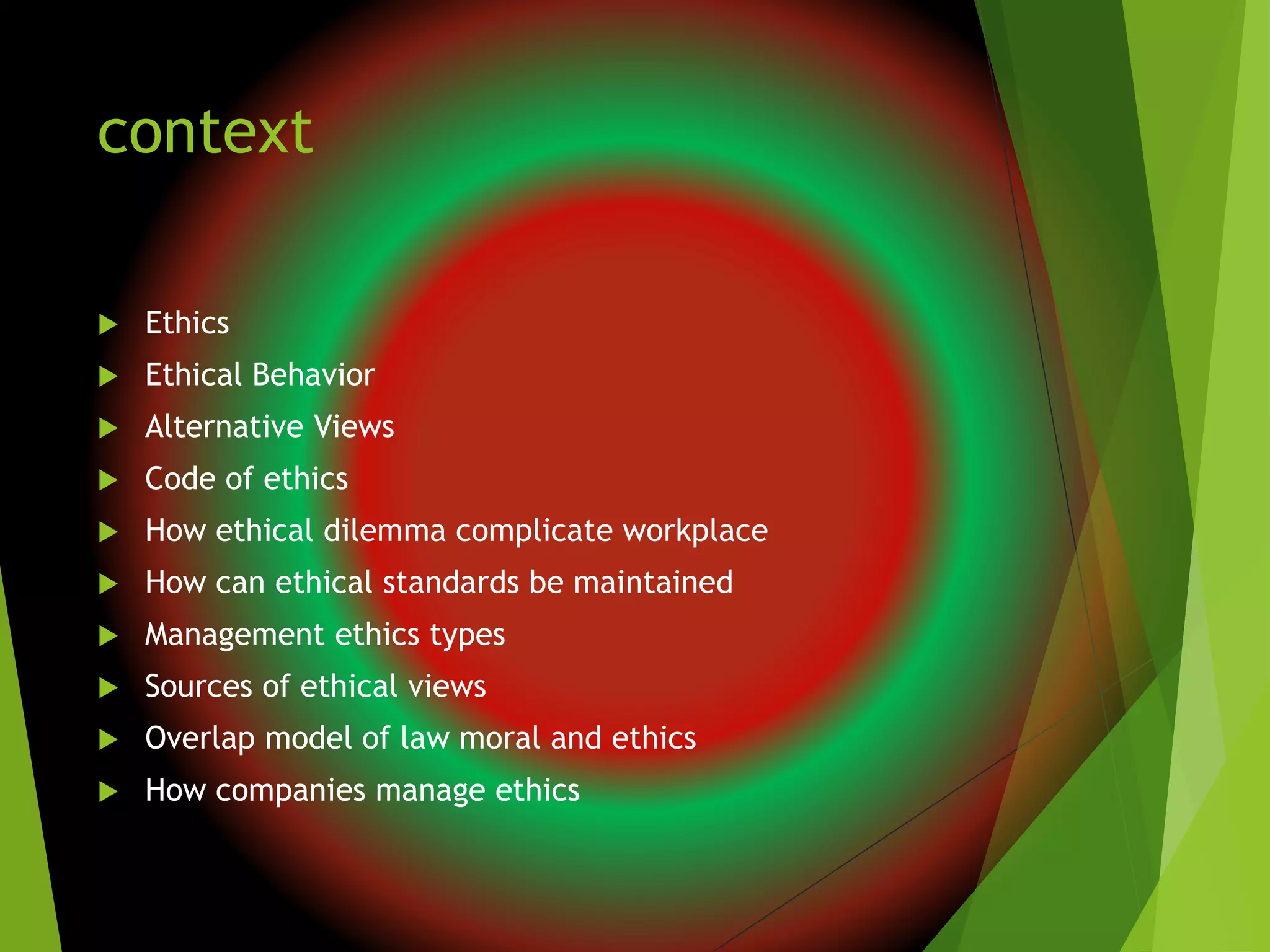 context
 Ethics
 Ethical Behavior
 Alternative Views
 Code of ethics
 How ethical dilemma complicate workplace
 How can ethical standards be maintained
 Management ethics types
 Sources of ethical views
 Overlap model of law moral and ethics
 How companies manage ethics
 
