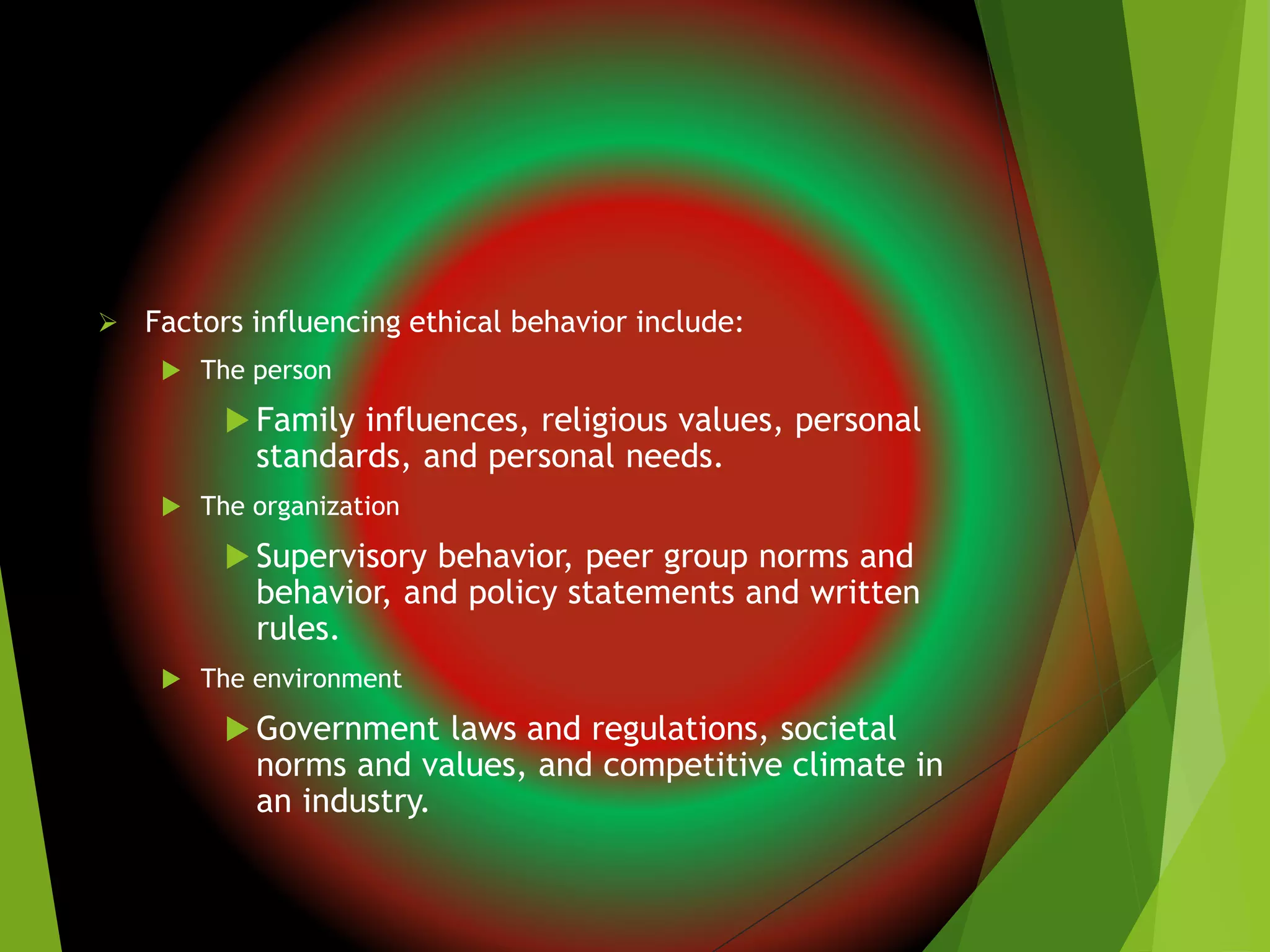  Factors influencing ethical behavior include:
 The person
 Family influences, religious values, personal
standards, and personal needs.
 The organization
 Supervisory behavior, peer group norms and
behavior, and policy statements and written
rules.
 The environment
 Government laws and regulations, societal
norms and values, and competitive climate in
an industry.
 