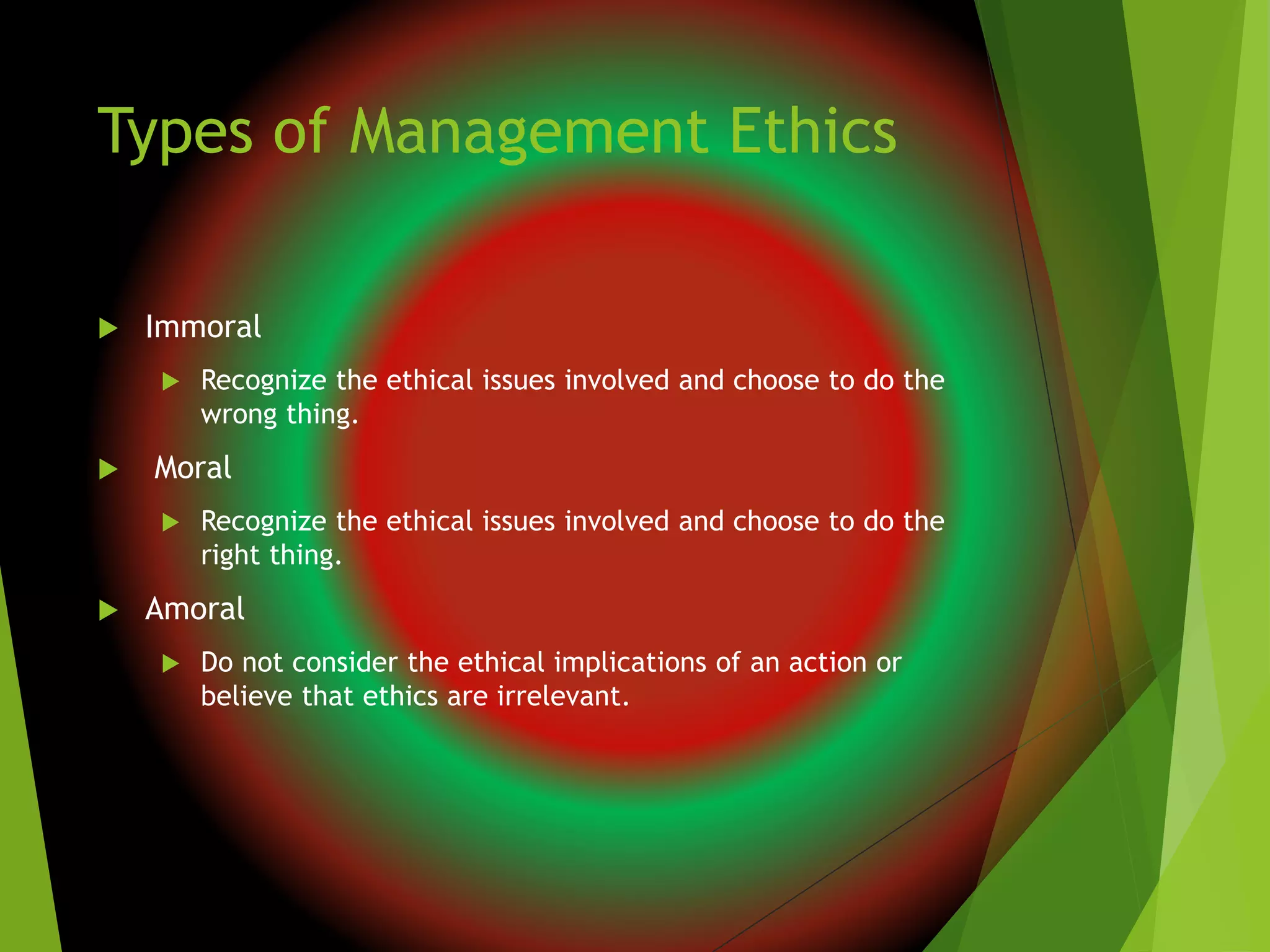 Types of Management Ethics
 Immoral
 Recognize the ethical issues involved and choose to do the
wrong thing.
 Moral
 Recognize the ethical issues involved and choose to do the
right thing.
 Amoral
 Do not consider the ethical implications of an action or
believe that ethics are irrelevant.
 