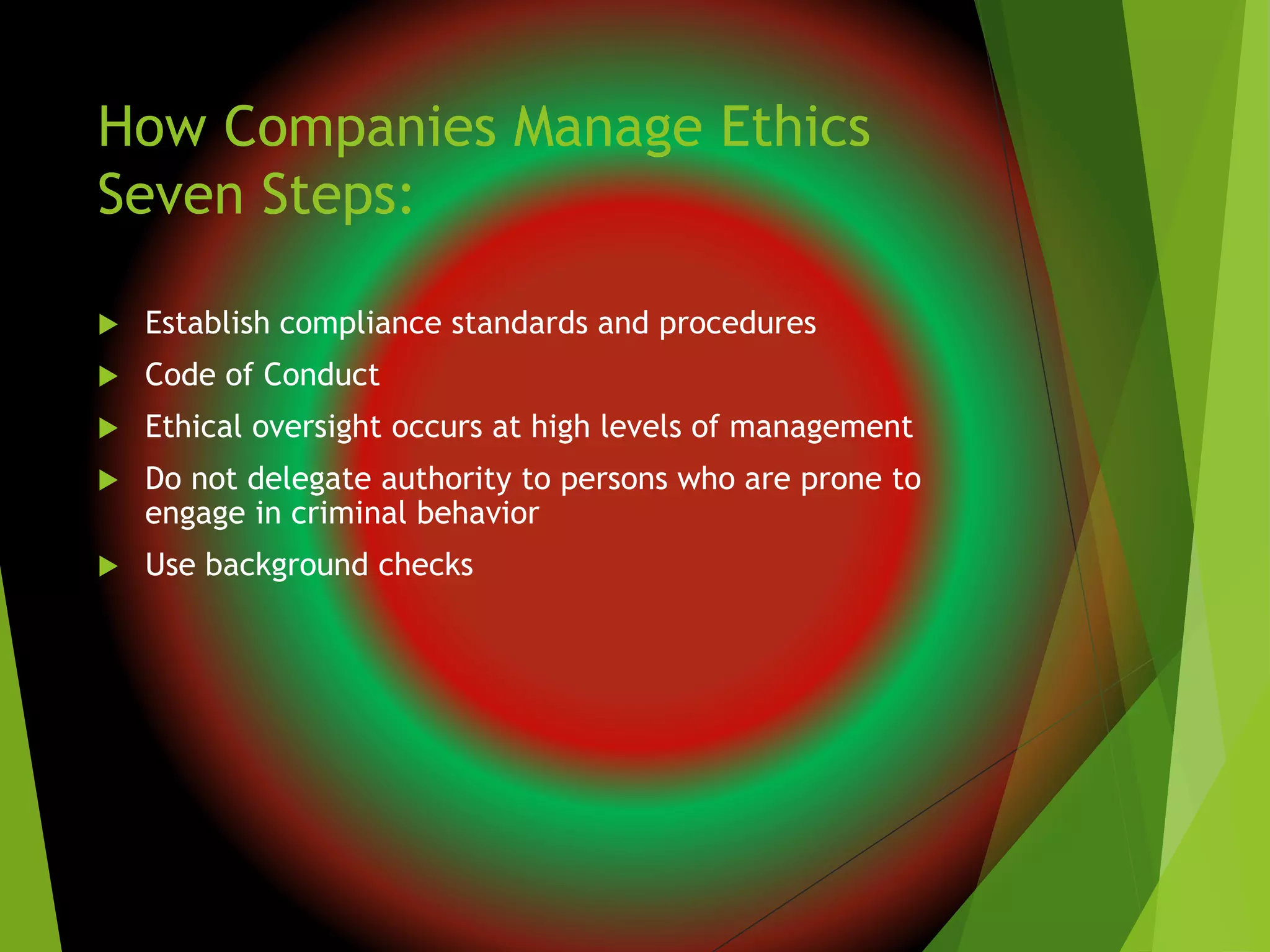 How Companies Manage Ethics
Seven Steps:
 Establish compliance standards and procedures
 Code of Conduct
 Ethical oversight occurs at high levels of management
 Do not delegate authority to persons who are prone to
engage in criminal behavior
 Use background checks
 
