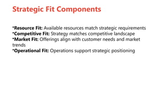 Strategic Fit Components
•Resource Fit: Available resources match strategic requirements
•Competitive Fit: Strategy matches competitive landscape
•Market Fit: Offerings align with customer needs and market
trends
•Operational Fit: Operations support strategic positioning
5 / 10
 