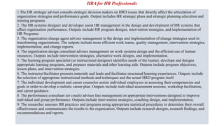 HRA for HR Professionals
1.The HR strategic adviser consults strategic decision makers on HRD issues that directly affect the articulation of
organization strategies and performance goals. Output includes HR strategic plans and strategic planning education and
training programs.
2. The HR systems designer and developer assist HR management in the design and development of HR systems that
affect organization performance. Outputs include HR program designs, intervention strategies, and implementation of
HR Programs.
3. The organization change agent advises management in the design and implementation of change strategies used in
transforming organizations. The outputs include more efficient work teams, quality management, intervention strategies,
implementation, and change reports.
4. The organization design consultant advises management on work systems design and the efficient use of human
resources. Outputs include intervention strategies, alternative work designs, and implementation.
5. The learning program specialist (or instructional designer) identifies needs of the learner, develops and designs
appropriate learning programs, and prepares materials and other learning aids. Outputs include program objectives,
lesson plans, and intervention strategies.
6. The instructor/facilitator presents materials and leads and facilitates structured learning experiences. Outputs include
the selection of appropriate instructional methods and techniques and the actual HRD program itself.
7. The individual development and career counselor assists individual employees in assessing their competencies and
goals in order to develop a realistic career plan. Outputs include individual assessment sessions, workshop facilitation,
and career guidance.
8. The performance consultant (or coach) advises line management on appropriate interventions designed to improve
individual and group performance. Outputs include intervention strategies, coaching design, and implementation.
9. The researcher assesses HR practices and programs using appropriate statistical procedures to determine their overall
effectiveness and communicates the results to the organization. Outputs include research designs, research findings, and
recommendations and reports.
 