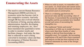 Enumerating the Assets
• The need to convert Human Resource
Management (HRM) activities in
economic terms has become vital in
this competitive scenario. And truly
enough HR has also evolved wherein
its functions of hiring, paying salaries,
administration, benefits, developing
and retaining employees, etc., have
been translated into quantitative terms
in order to monitor results and
facilitate changes. And today the data
that is collected as such is being
converted to monetary values and thus
the emergence of Human Resource
Accounting (HRA).
• When we refer to assets, we remember only
two assets, viz, fixed assets and current assets.
Fixed assets are valued at historical cost basis
and current asset at current price.
• There is a widening gap between the
perceived value and the accounting value of
the business. It necessitated the accounting for
intangibles and the accountants have handled
several such areas of accounting the
intangibles too.
• The traditional “bricks and mortar”
accounting is of little use in modern business
where more than three fourths of value
addition is derived from knowledge, an
intangible asset. For example, the accounting
implications of R and D have been examined
and analysis on that has been referred in the
financial statements by some of the foreign
companies.
 