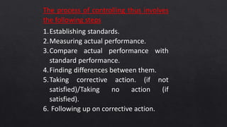 The process of controlling thus involves
the following steps
1.Establishing standards.
2.Measuring actual performance.
3.Compare actual performance with
standard performance.
4.Finding differences between them.
5.Taking corrective action. (if not
satisfied)/Taking no action (if
satisfied).
6. Following up on corrective action.
 