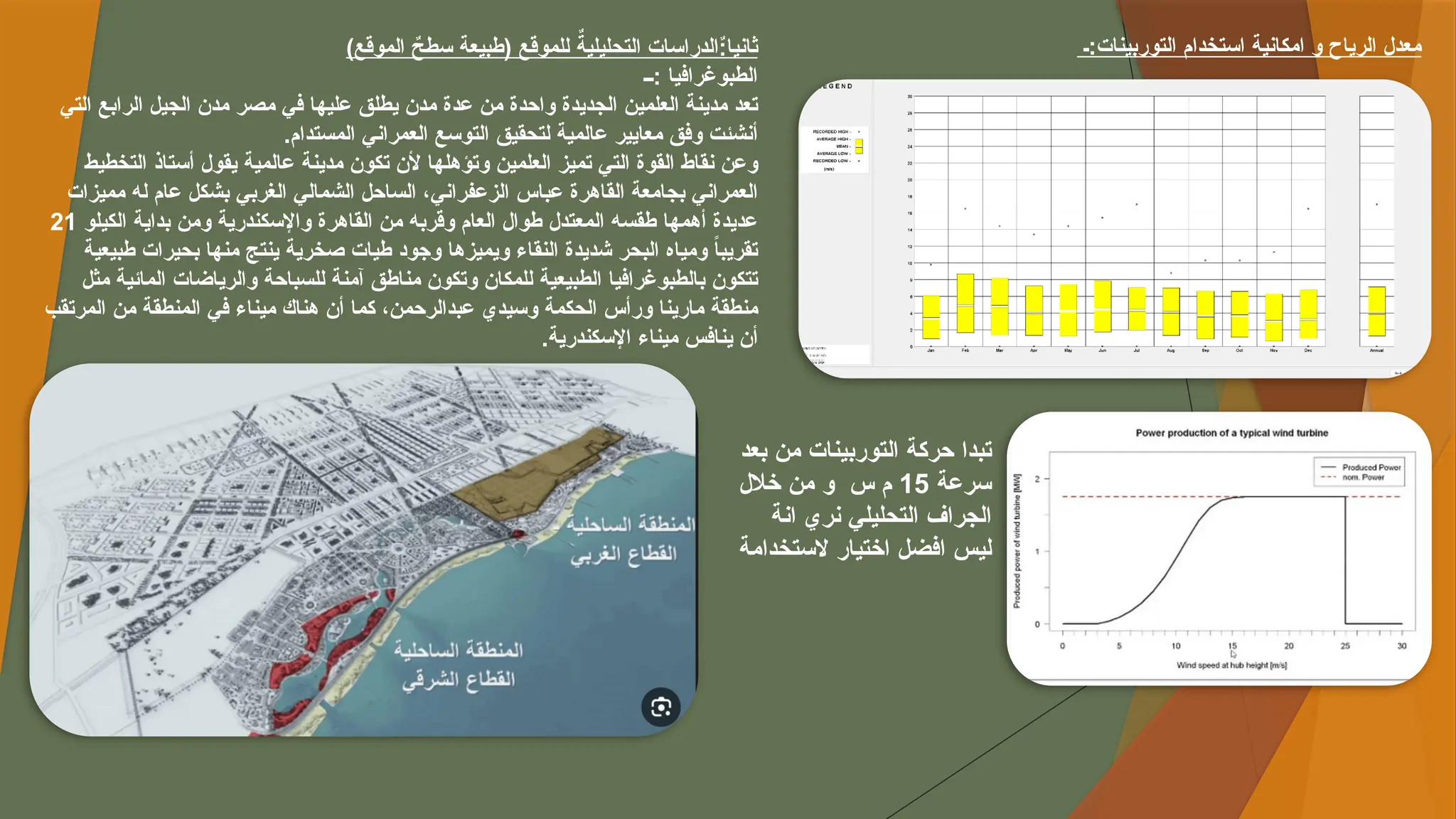 )‫الموقع‬ ٌ
‫سطح‬ ‫(طبيعة‬ ‫للموقع‬ ٌ
‫التحليلية‬ ‫الدراسات‬ٌ
:‫ثانيا‬
‫ــ‬: ‫الطبوغرافيا‬
‫التي‬ ‫الرابع‬ ‫الجيل‬ ‫مدن‬ ‫مصر‬ ‫في‬ ‫عليها‬ ‫يطلق‬ ‫مدن‬ ‫عدة‬ ‫من‬ ‫واحدة‬ ‫الجديدة‬ ‫العلمين‬ ‫مدينة‬ ‫تعد‬
‫المستدام‬ ‫العمراني‬ ‫التوسع‬ ‫لتحقيق‬ ‫عالمية‬ ‫معايير‬ ‫وفق‬ ‫أنشئت‬
.
‫التخطيط‬ ‫أستاذ‬ ‫يقول‬ ‫عالمية‬ ‫مدينة‬ ‫تكون‬ ‫ألن‬ ‫وتؤهلها‬ ‫العلمين‬ ‫تميز‬ ‫التي‬ ‫القوة‬ ‫نقاط‬ ‫وعن‬
‫مميزات‬ ‫له‬ ‫عام‬ ‫بشكل‬ ‫الغربي‬ ‫الشمالي‬ ‫الساحل‬ ،‫الزعفراني‬ ‫عباس‬ ‫القاهرة‬ ‫بجامعة‬ ‫العمراني‬
‫الكيلو‬ ‫بداية‬ ‫ومن‬ ‫واإلسكندرية‬ ‫القاهرة‬ ‫من‬ ‫وقربه‬ ‫العام‬ ‫طوال‬ ‫المعتدل‬ ‫طقسه‬ ‫أهمها‬ ‫عديدة‬
21
‫طبيعية‬ ‫بحيرات‬ ‫منها‬ ‫ينتج‬ ‫صخرية‬ ‫طيات‬ ‫وجود‬ ‫ويميزها‬ ‫النقاء‬ ‫شديدة‬ ‫البحر‬ ‫ومياه‬ ً
‫ا‬‫تقريب‬
‫مثل‬ ‫المائية‬ ‫والرياضات‬ ‫للسباحة‬ ‫آمنة‬ ‫مناطق‬ ‫وتكون‬ ‫للمكان‬ ‫الطبيعية‬ ‫بالطبوغرافيا‬ ‫تتكون‬
‫المرتقب‬ ‫من‬ ‫المنطقة‬ ‫في‬ ‫ميناء‬ ‫هناك‬ ‫أن‬ ‫كما‬ ،‫عبدالرحمن‬ ‫وسيدي‬ ‫الحكمة‬ ‫ورأس‬ ‫مارينا‬ ‫منطقة‬
.‫اإلسكندرية‬ ‫ميناء‬ ‫ينافس‬ ‫أن‬
‫بعد‬ ‫من‬ ‫التوربينات‬ ‫حركة‬ ‫تبدا‬
‫سرعة‬
15
‫خالل‬ ‫من‬ ‫و‬ ‫س‬ ‫م‬
‫انة‬ ‫نري‬ ‫التحليلي‬ ‫الجراف‬
‫اف‬ ‫ليس‬
‫ض‬
‫الستخدامة‬ ‫اختيار‬ ‫ل‬
‫ـ‬:‫التوربينات‬ ‫استخدام‬ ‫امكانية‬ ‫و‬ ‫الرياح‬ ‫معدل‬
 