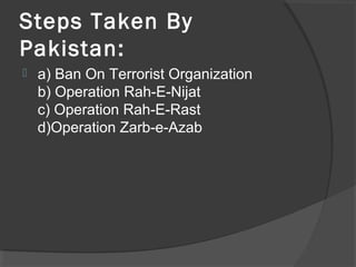 Steps Taken By
Pakistan:
 a) Ban On Terrorist Organization
b) Operation Rah-E-Nijat
c) Operation Rah-E-Rast
d)Operation Zarb-e-Azab
 