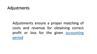 Adjustments
Adjustments ensure a proper matching of
costs and revenue for obtaining correct
profit or loss for the given accounting
period
 