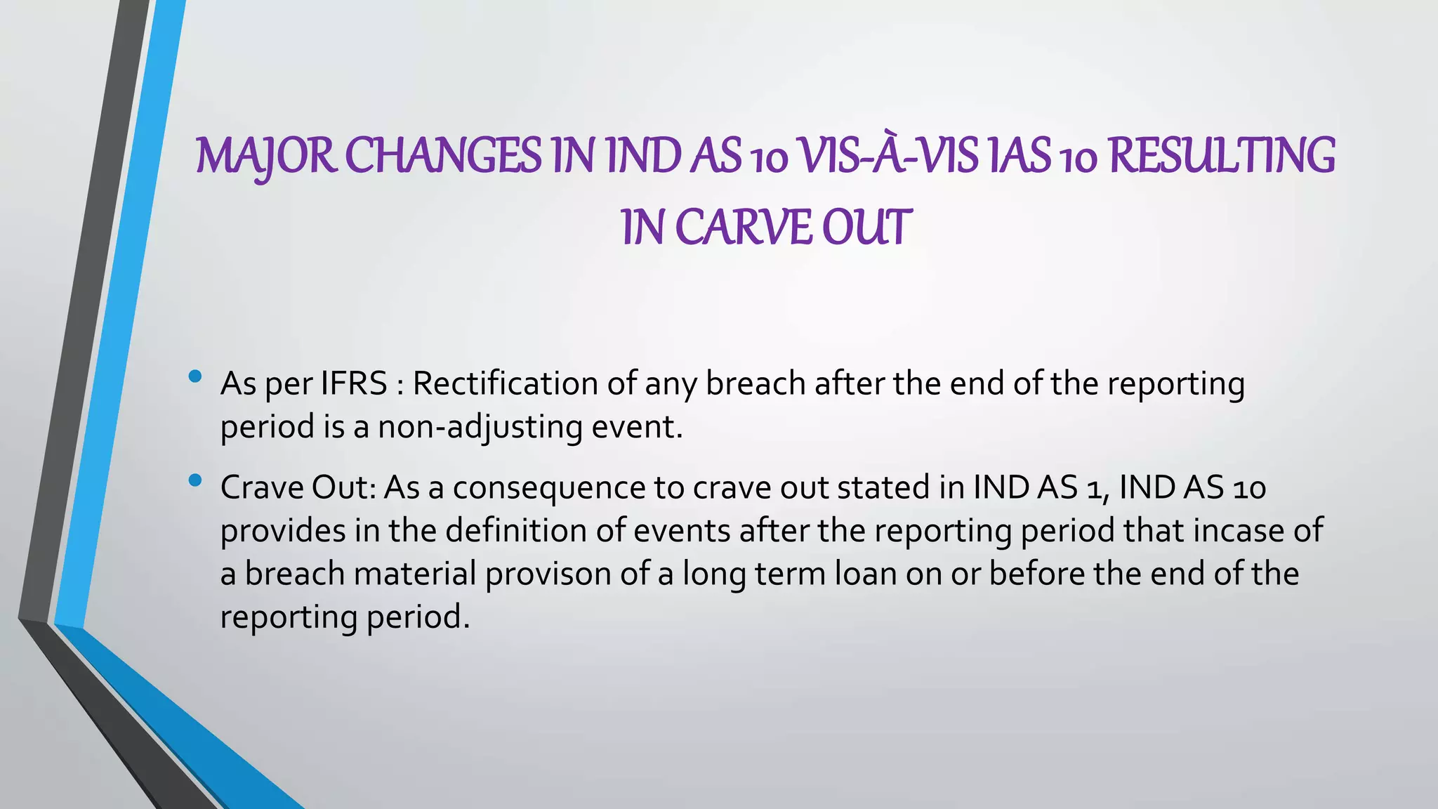 MAJOR CHANGES IN IND AS 10 VIS-À-VIS IAS 10 RESULTING
IN CARVE OUT
• As per IFRS : Rectification of any breach after the end of the reporting
period is a non-adjusting event.
• Crave Out: As a consequence to crave out stated in IND AS 1, IND AS 10
provides in the definition of events after the reporting period that incase of
a breach material provison of a long term loan on or before the end of the
reporting period.
 