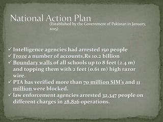 (Established by the Government of Pakistan in January,
2015)
 Intelligence agencies had arrested 150 people
 Froze a number of accounts,Rs 10.2 billion
 Boundary walls of all schools up to 8 feet (2.4 m)
and topping them with 2 feet (0.61 m) high razor
wire.
 PTA has verified more than 70 million SIM’s and 11
million were blocked.
 law enforcement agencies arrested 32,347 people on
different charges in 28,826 operations.
 