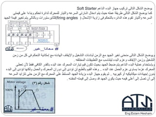 ‫الناعم‬ ‫البدء‬ ‫جهاز‬ ‫تركيب‬ ‫التالى‬ ‫الشكل‬ ‫يوضح‬Soft Starter
‫عل‬ ‫وبناءا‬ ‫تحكم‬ ‫لدائرة‬ ‫للمحرك‬ ‫والتيار‬ ‫السرعه‬ ‫اشارتى‬ ‫ادخال‬ ‫يتم‬ ‫حيث‬ ‫عمله‬ ‫طريقة‬ ‫التالى‬ ‫الشكل‬ ‫يوضح‬ ‫كما‬‫قيمتى‬ ‫ى‬
‫اإلشعال‬ ‫زاوية‬ ‫فى‬ ‫بالتحكم‬ ‫الدائره‬ ‫هذه‬ ‫تقوم‬ ‫والتيار‬ ‫السرعه‬((firing angles‫للثايرستورات‬‫ا‬ ‫قيمة‬ ‫تغيير‬ ‫يتم‬ ‫وبالتالى‬‫لجهد‬
.
‫فى‬ ‫التحكم‬ ‫إمكانية‬ ‫مع‬ ‫الهادئه‬ ‫واإليقاف‬ ‫التشغيل‬ ‫لبادئات‬ ‫الزمن‬ ‫مع‬ ‫الجهد‬ ‫تغير‬ ‫منحنى‬ ‫التالى‬ ‫الشكل‬ ‫ويوضح‬‫زمن‬ ‫من‬ ‫كل‬
‫المختلفه‬ ‫التطبيقات‬ ‫مع‬ ‫ليتناسب‬ ‫البدء‬ ‫وعزم‬ ‫اإليقاف‬ ‫وزمن‬ ‫التشغيل‬.
‫ف‬ ‫الكافى‬ ‫بالقدر‬ ‫البدء‬ ‫عند‬ ‫المحرك‬ ‫تيارات‬ ‫قيم‬ ‫تكون‬ ‫بحيث‬ ‫الجهد‬ ‫ضبط‬ ‫يتم‬ ‫الناعم‬ ‫البدء‬ ‫عملية‬ ‫وبإستخدام‬‫تعطى‬ ‫ألن‬ ‫قط‬
‫البدء‬ ‫عند‬ ‫الحمل‬ ‫عزم‬ ‫يساوى‬ ‫عزما‬ ‫المحرك‬..‫إل‬ ‫تؤدى‬ ‫ولكنها‬ ‫والحمل‬ ‫المحرك‬ ‫دوران‬ ‫إلى‬ ‫تؤدى‬ ‫لن‬ ‫بالطبع‬ ‫القيم‬ ‫وهذه‬‫البدء‬ ‫ى‬
‫كهربيه‬ ‫أو‬ ‫ميكانيكيه‬ ‫إجهادات‬ ‫بدون‬..‫تتز‬ ‫حتى‬ ‫الزمن‬ ‫مع‬ ‫المحرك‬ ‫على‬ ‫المسلط‬ ‫الجهد‬ ‫بزيادة‬ ‫البدء‬ ‫جهاز‬ ‫يقوم‬ ‫ثم‬‫السرعه‬ ‫ايد‬
‫المقننه‬ ‫قيمته‬ ‫إلى‬ ‫وصل‬ ‫قد‬ ‫الجهد‬ ‫يكون‬ ‫حيث‬ ‫قيمه‬ ‫أعلى‬ ‫إلى‬ ‫تصل‬ ‫أن‬ ‫إلى‬.
 