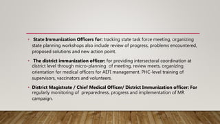 • State Immunization Officers for: tracking state task force meeting, organizing
state planning workshops also include review of progress, problems encountered,
proposed solutions and new action point.
• The district immunization officer: for providing intersectoral coordination at
district level through micro-planning of meeting, review meets, organizing
orientation for medical officers for AEFI management. PHC-level training of
supervisors, vaccinators and volunteers.
• District Magistrate / Chief Medical Officer/ District Immunization officer: For
regularly monitoring of preparedness, progress and implementation of MR
campaign.
 