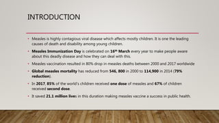 INTRODUCTION
• Measles is highly contagious viral disease which affects mostly children. It is one the leading
causes of death and disability among young children.
• Measles Immunization Day is celebrated on 16th March every year to make people aware
about this deadly disease and how they can deal with this.
• Measles vaccination resulted in 80% drop in measles deaths between 2000 and 2017 worldwide
• Global measles mortality has reduced from 546, 800 in 2000 to 114,900 in 2014 (79%
reduction).
• In 2017, 85% of the world’s children received one dose of measles and 67% of children
received second dose.
• It saved 21.1 million lives in this duration making measles vaccine a success in public health.
 
