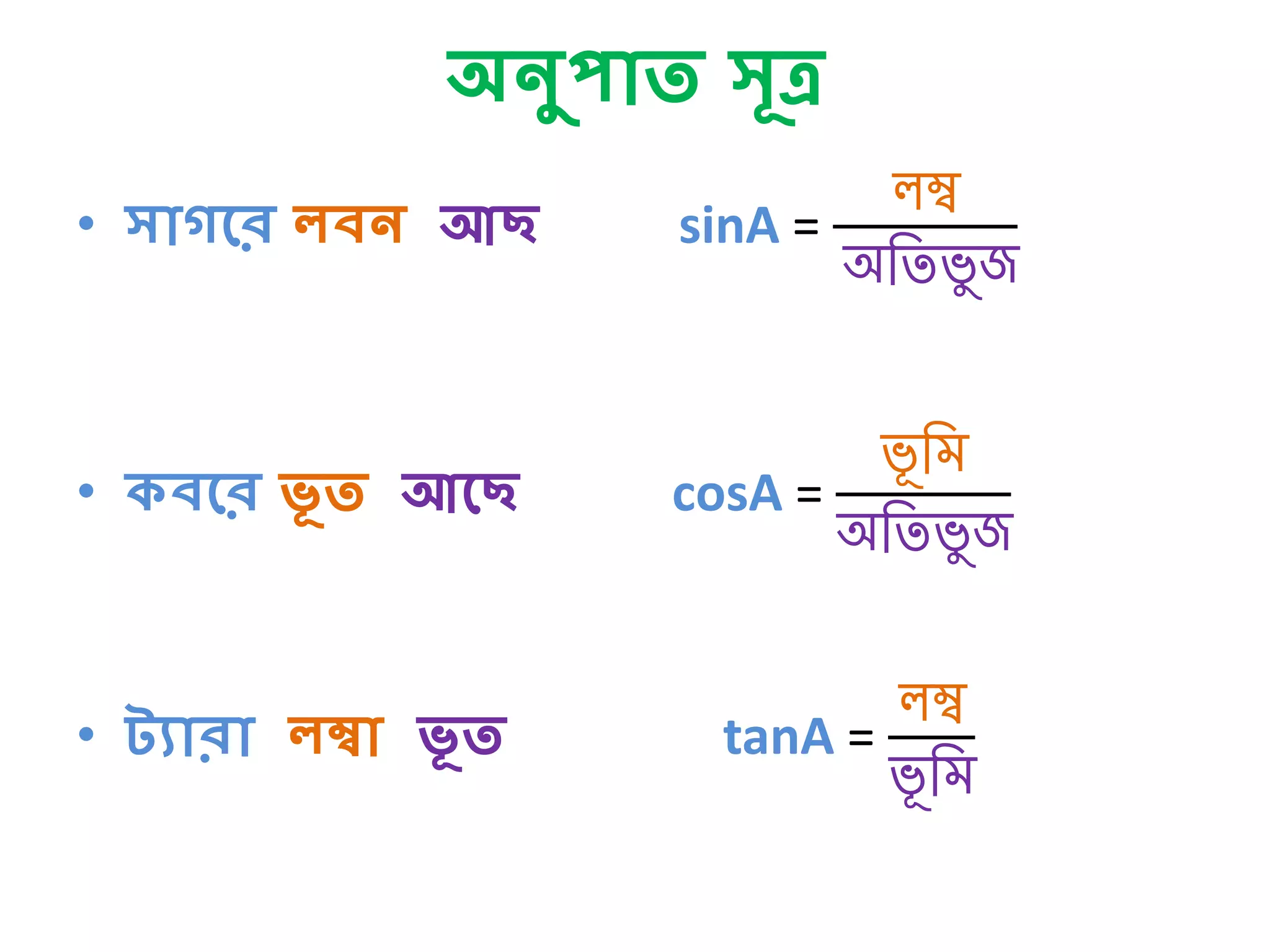 অনুপোি সূি
• সোগকে লবন আছ sinA =
লম্ব
অতিভু জ
• বকে ভূ ি আকছ cosA =
ভূ তি
অতিভু জ
• ট্যোেো লম্বো ভূ ি tanA =
লম্ব
ভূ তি
 