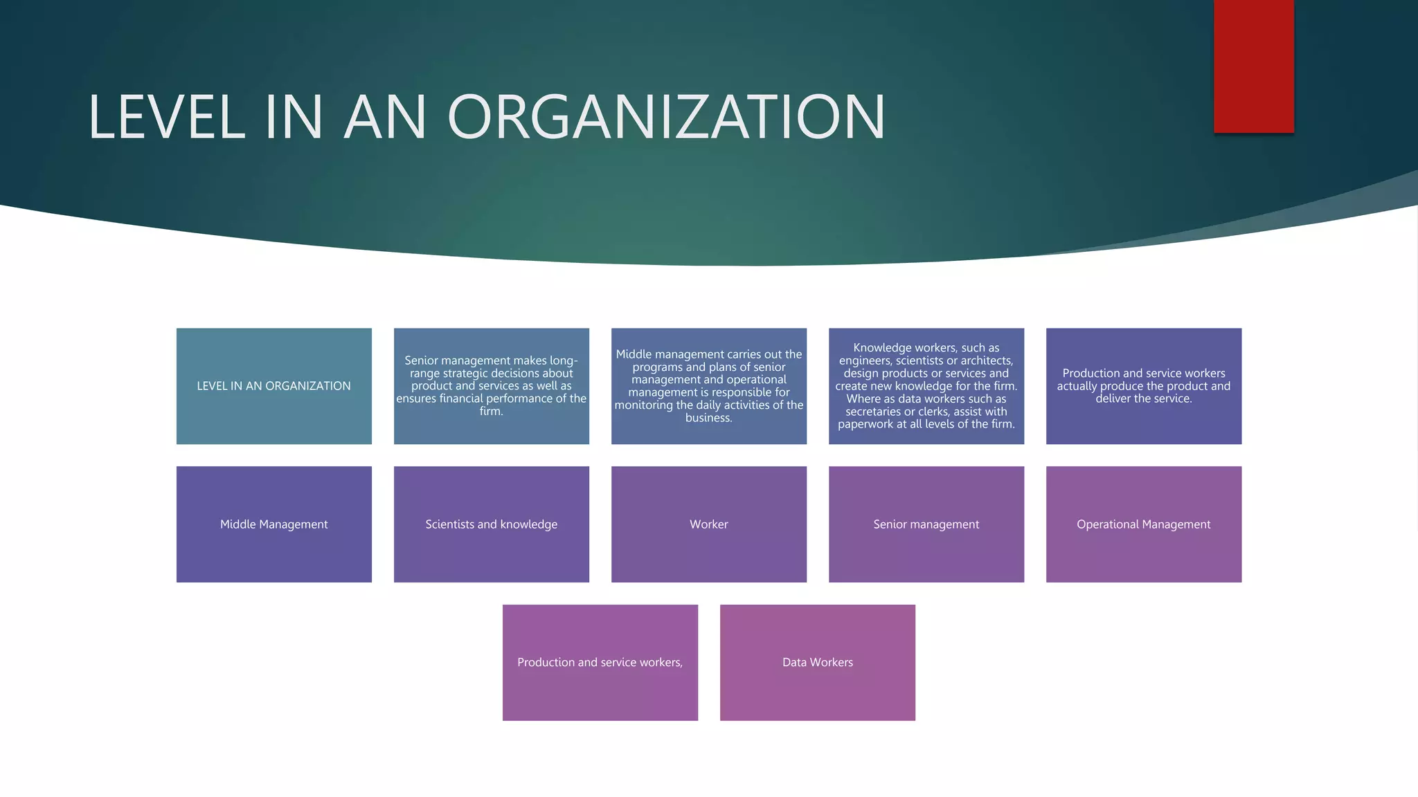 LEVEL IN AN ORGANIZATION
LEVEL IN AN ORGANIZATION
Senior management makes long-
range strategic decisions about
product and services as well as
ensures financial performance of the
firm.
Middle management carries out the
programs and plans of senior
management and operational
management is responsible for
monitoring the daily activities of the
business.
Knowledge workers, such as
engineers, scientists or architects,
design products or services and
create new knowledge for the firm.
Where as data workers such as
secretaries or clerks, assist with
paperwork at all levels of the firm.
Production and service workers
actually produce the product and
deliver the service.
Middle Management Scientists and knowledge Worker Senior management Operational Management
Production and service workers, Data Workers
 