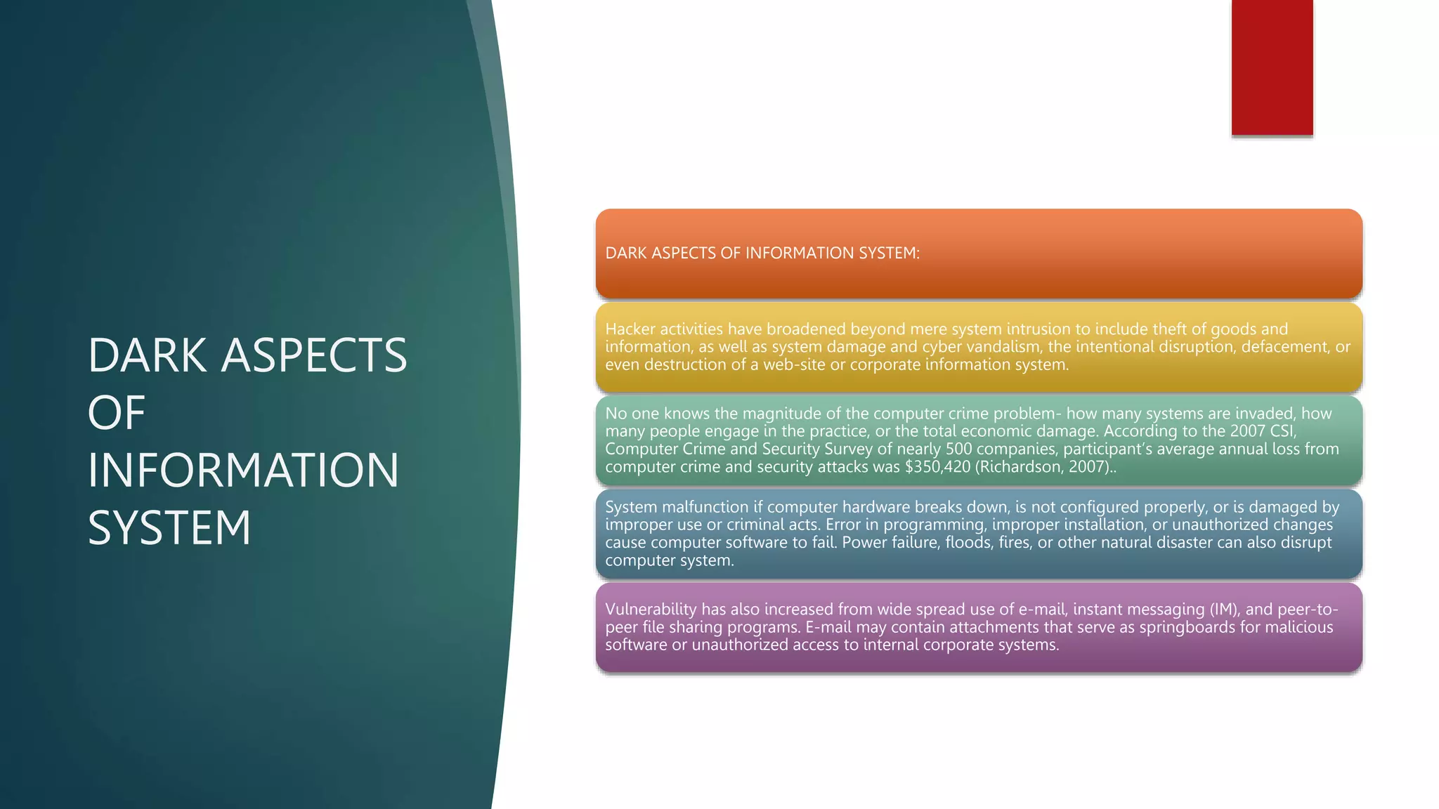 DARK ASPECTS
OF
INFORMATION
SYSTEM
DARK ASPECTS OF INFORMATION SYSTEM:
Hacker activities have broadened beyond mere system intrusion to include theft of goods and
information, as well as system damage and cyber vandalism, the intentional disruption, defacement, or
even destruction of a web-site or corporate information system.
No one knows the magnitude of the computer crime problem- how many systems are invaded, how
many people engage in the practice, or the total economic damage. According to the 2007 CSI,
Computer Crime and Security Survey of nearly 500 companies, participant’s average annual loss from
computer crime and security attacks was $350,420 (Richardson, 2007)..
System malfunction if computer hardware breaks down, is not configured properly, or is damaged by
improper use or criminal acts. Error in programming, improper installation, or unauthorized changes
cause computer software to fail. Power failure, floods, fires, or other natural disaster can also disrupt
computer system.
Vulnerability has also increased from wide spread use of e-mail, instant messaging (IM), and peer-to-
peer file sharing programs. E-mail may contain attachments that serve as springboards for malicious
software or unauthorized access to internal corporate systems.
 