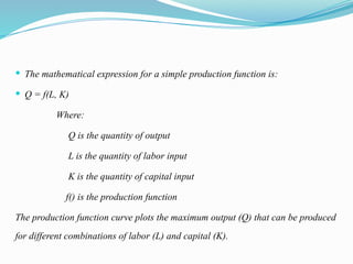  The mathematical expression for a simple production function is:
 Q = f(L, K)
Where:
Q is the quantity of output
L is the quantity of labor input
K is the quantity of capital input
f() is the production function
The production function curve plots the maximum output (Q) that can be produced
for different combinations of labor (L) and capital (K).
 