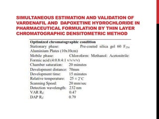 SIMULTANEOUS ESTIMATION AND VALIDATION OF
VARDENAFIL AND DAPOXETINE HYDROCHLORIDE IN
PHARMACEUTICAL FORMULATION BY THIN LAYER
CHROMATOGRAPHIC DENSITOMETRIC METHOD
 