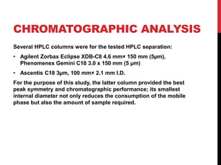 CHROMATOGRAPHIC ANALYSIS
Several HPLC columns were for the tested HPLC separation:
• Agilent Zorbax Eclipse XDB-C8 4.6 mm× 150 mm (5µm),
Phenomenex Gemini C18 3.0 x 150 mm (5 µm)
• Ascentis C18 3µm, 100 mm× 2.1 mm I.D.
For the purpose of this study, the latter column provided the best
peak symmetry and chromatographic performance; its smallest
internal diameter not only reduces the consumption of the mobile
phase but also the amount of sample required.
 