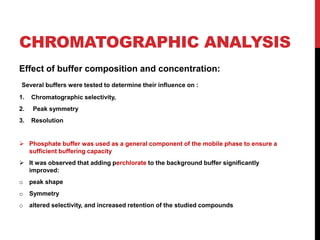 CHROMATOGRAPHIC ANALYSIS
Effect of buffer composition and concentration:
Several buffers were tested to determine their inﬂuence on :
1. Chromatographic selectivity,
2. Peak symmetry
3. Resolution
 Phosphate buffer was used as a general component of the mobile phase to ensure a
sufﬁcient buffering capacity
 It was observed that adding perchlorate to the background buffer signiﬁcantly
improved:
o peak shape
o Symmetry
o altered selectivity, and increased retention of the studied compounds
 