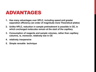 ADVANTAGES
1. Has many advantages over HPLC, including speed and greater
separation efficiency (an order of magnitude more Theoretical plates)
2. Unlike HPLC, reduction in sample pretreatment is possible in CE, in
which uncharged molecules remain at the start of the capillary
3. Consumption of reagents and sample volumes, rather than capillary
columns, is, moreover, relatively low in CE
4. relatively inexpensive
5. Simple versatile technique
 