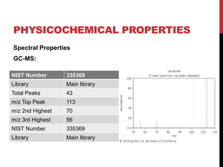 PHYSICOCHEMICAL PROPERTIES
Spectral Properties
GC-MS:
NIST Number 335369
Library Main library
Total Peaks 43
m/z Top Peak 113
m/z 2nd Highest 70
m/z 3rd Highest 56
NIST Number 335369
Library Main library
 