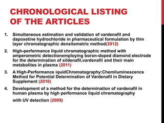 CHRONOLOGICAL LISTING
OF THE ARTICLES
1. Simultaneous estimation and validation of vardenafil and
dapoxetine hydrochloride in pharmaceutical formulation by thin
layer chromatographic densitometric method(2012)
2. High-performance liquid chromatographic method with
amperometric detectionemploying boron-doped diamond electrode
for the determination of sildenaﬁl,vardenaﬁl and their main
metabolites in plasma (2011)
3. A High-Performance iquidChromatography:Chemiluminescence
Method for Potential Determination of Vardenaﬁl in Dietary
Supplement (2010)
4. Development of a method for the determination of vardenafil in
human plasma by high performance liquid chromatography
with UV detection (2009)
 