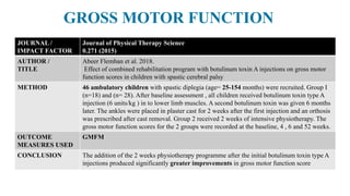 JOURNAL /
IMPACT FACTOR
Journal of Physical Therapy Science
0.271 (2015)
AUTHOR /
TITLE
Abeer Flemban et al. 2018.
Effect of combined rehabilitation program with botulinum toxin A injections on gross motor
function scores in children with spastic cerebral palsy
METHOD 46 ambulatory children with spastic diplegia (age= 25-154 months) were recruited. Group I
(n=18) and (n= 28). After baseline assessment , all children received botulinum toxin type A
injection (6 units/kg ) in to lower limb muscles. A second botulinum toxin was given 6 months
later. The ankles were placed in plaster cast for 2 weeks after the first injection and an orthosis
was prescribed after cast removal. Group 2 received 2 weeks of intensive physiotherapy. The
gross motor function scores for the 2 groups were recorded at the baseline, 4 , 6 and 52 weeks.
OUTCOME
MEASURES USED
GMFM
CONCLUSION The addition of the 2 weeks physiotherapy programme after the initial botulinum toxin type A
injections produced significantly greater improvements in gross motor function score
GROSS MOTOR FUNCTION
 