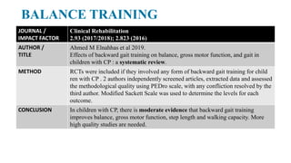 JOURNAL /
IMPACT FACTOR
Clinical Rehabilitation
2.93 (2017/2018); 2.823 (2016)
AUTHOR /
TITLE
Ahmed M Elnahhas et al 2019.
Effects of backward gait training on balance, gross motor function, and gait in
children with CP : a systematic review.
METHOD RCTs were included if they involved any form of backward gait training for child
ren with CP . 2 authors independently screened articles, extracted data and assessed
the methodological quality using PEDro scale, with any confliction resolved by the
third author. Modified Sackett Scale was used to determine the levels for each
outcome.
CONCLUSION In children with CP, there is moderate evidence that backward gait training
improves balance, gross motor function, step length and walking capacity. More
high quality studies are needed.
BALANCE TRAINING
 