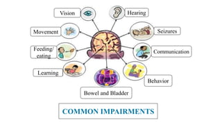 COMMON IMPAIRMENTS
Seizures
Learning
Bowel and Bladder
CommunicationFeeding/
eating
Behavior
Vision Hearing
Movement
 