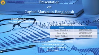 Presentation
on
Capital Market in Bangladesh
PRESENTED TO:
Prof. Dr. KAZI TANVEER MAHMUD
PRESENTED BY:
COURSE TITLE: INTRODUCTION TO BUSNESS
COURSE CODE: BUS 1231
DEPARTMENT OF ECONOMICS
BATCH:29TH
Name ID
Hasan Chowdhury 2017020106006
Kaniz Fatima 2017010106007
Fazlay Rabbany 2017020106014
 