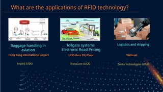 Logistics and shipping
What are the applications of RFID technology?
Baggage handling in
aviation
Tollgate systems
Electronic Road Pricing
Hong Kong international airport UOD Avro City Door Walmart
TransCore (USA) Zebra Technologies (USA)
Impinj (USA)
 