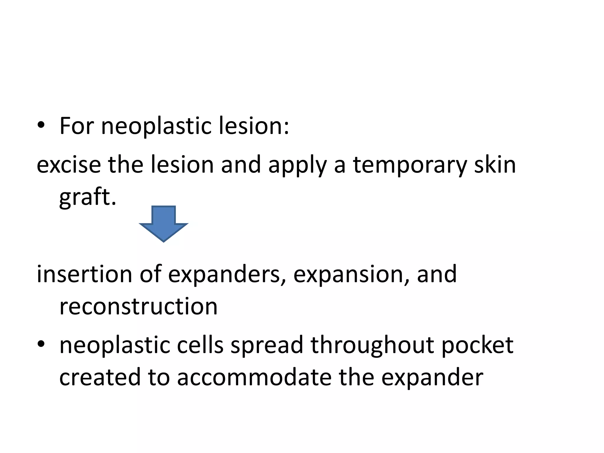 • For neoplastic lesion:
excise the lesion and apply a temporary skin
graft.
insertion of expanders, expansion, and
reconstruction
• neoplastic cells spread throughout pocket
created to accommodate the expander
 