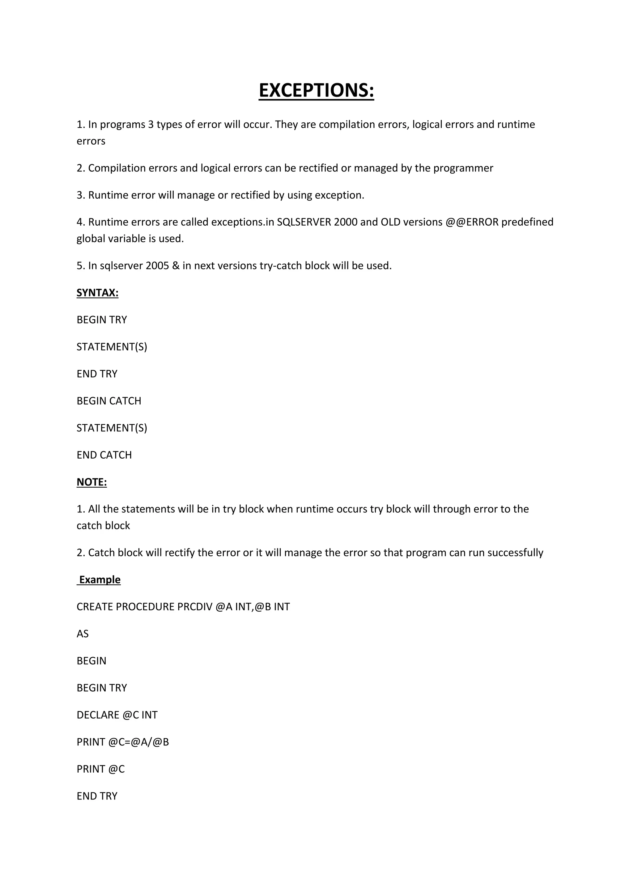 Exceptions In Sql