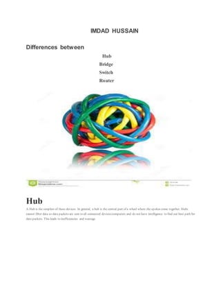 IMDAD HUSSAIN
Differences between
Hub
Bridge
Switch
Router
Hub
A Hub is the simplest of these devices. In general, a hub is the central part of a wheel where the spokes come together. Hubs
cannot filter data so data packets are sent to all connected devices/computers and do not have intelligence to find out best path for
data packets. This leads to inefficiencies and wastage.
 