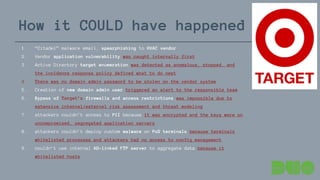 How it COULD have happened
1. “Citadel” malware email, spearphishing to HVAC vendor
2. Vendor application vulnerability was caught internally first
3. Active Directory target enumeration was detected as anomalous, stopped, and
the incidence response policy defined what to do next
4. There was no domain admin password to be stolen on the vendor system
5. Creation of new domain admin user triggered an alert to the responsible team
6. Bypass of Target’s firewalls and access restrictions was impossible due to
extensive internal/external risk assessment and threat modeling
7. attackers couldn’t access to PII because it was encrypted and the keys were on
uncompromised, segregated application servers
8. attackers couldn’t deploy custom malware on PoS terminals because terminals
whitelisted processes and attackers had no access to config management
9. couldn’t use internal AD-linked FTP server to aggregate data because it
whitelisted hosts
 