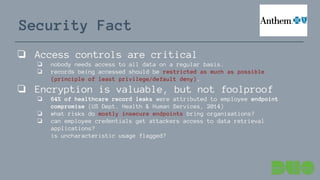Security Fact
❏ Access controls are critical
❏ nobody needs access to all data on a regular basis.
❏ records being accessed should be restricted as much as possible
(principle of least privilege/default deny).
❏ Encryption is valuable, but not foolproof
❏ 64% of healthcare record leaks were attributed to employee endpoint
compromise (US Dept. Health & Human Services, 2014)
❏ what risks do mostly insecure endpoints bring organizations?
❏ can employee credentials get attackers access to data retrieval
applications?
is uncharacteristic usage flagged?
 