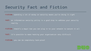 Security Fact and Fiction
FICTION: spending a lot of money on security means you’re doing it right
FACT: an information security policy is a good step to address your security
reality
FICTION: there’s a magic box you can plug in to your network to secure it all
FACT: it’s possible to make hacking your organization very difficult
FICTION: you can be completely hack-proof
 