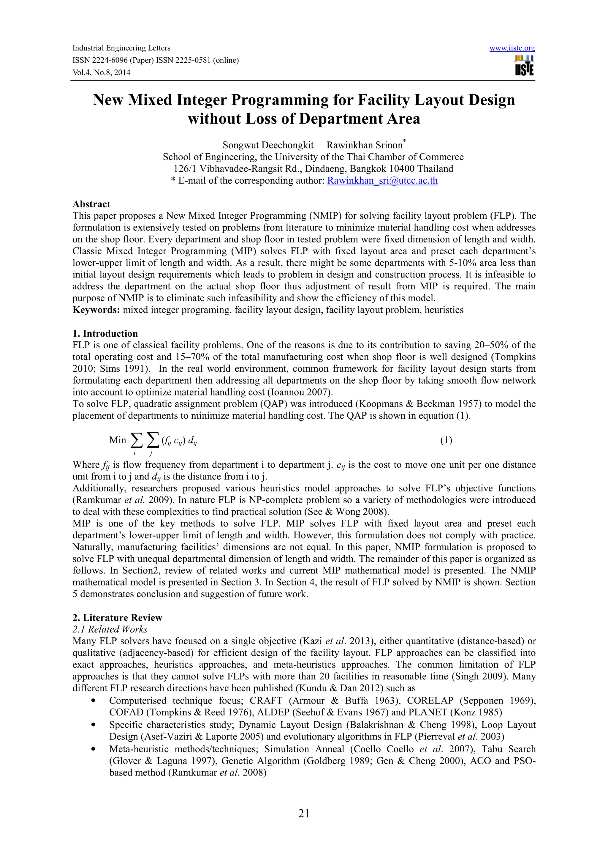 New mixed integer programming for facility layout design without loss ...