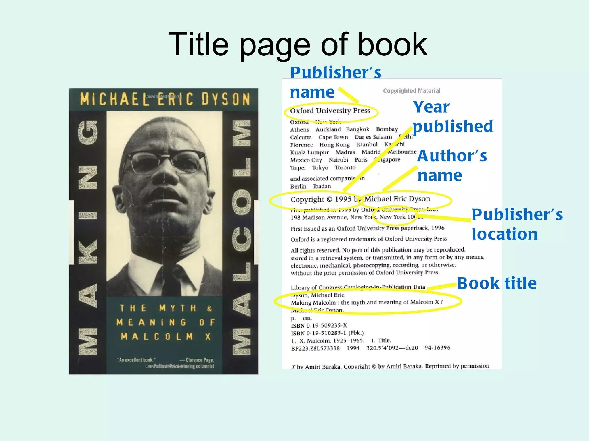 Title page of book
        Publisher’s
        name
                      Year
                      published
                      A uthor’s
                      name

                             Publisher’s
                             location


                           B ook title
 