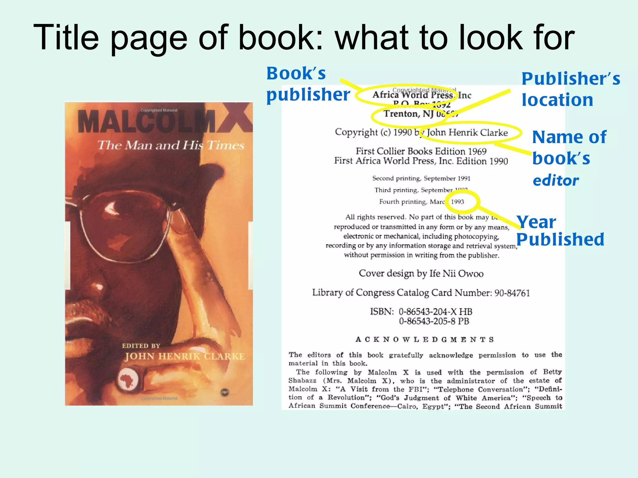 Title page of book: what to look for
               B ook’s          Publisher’s
               publisher        location

                                 Name of
                                 book’s
                                 editor

                                Year
                                Published
 