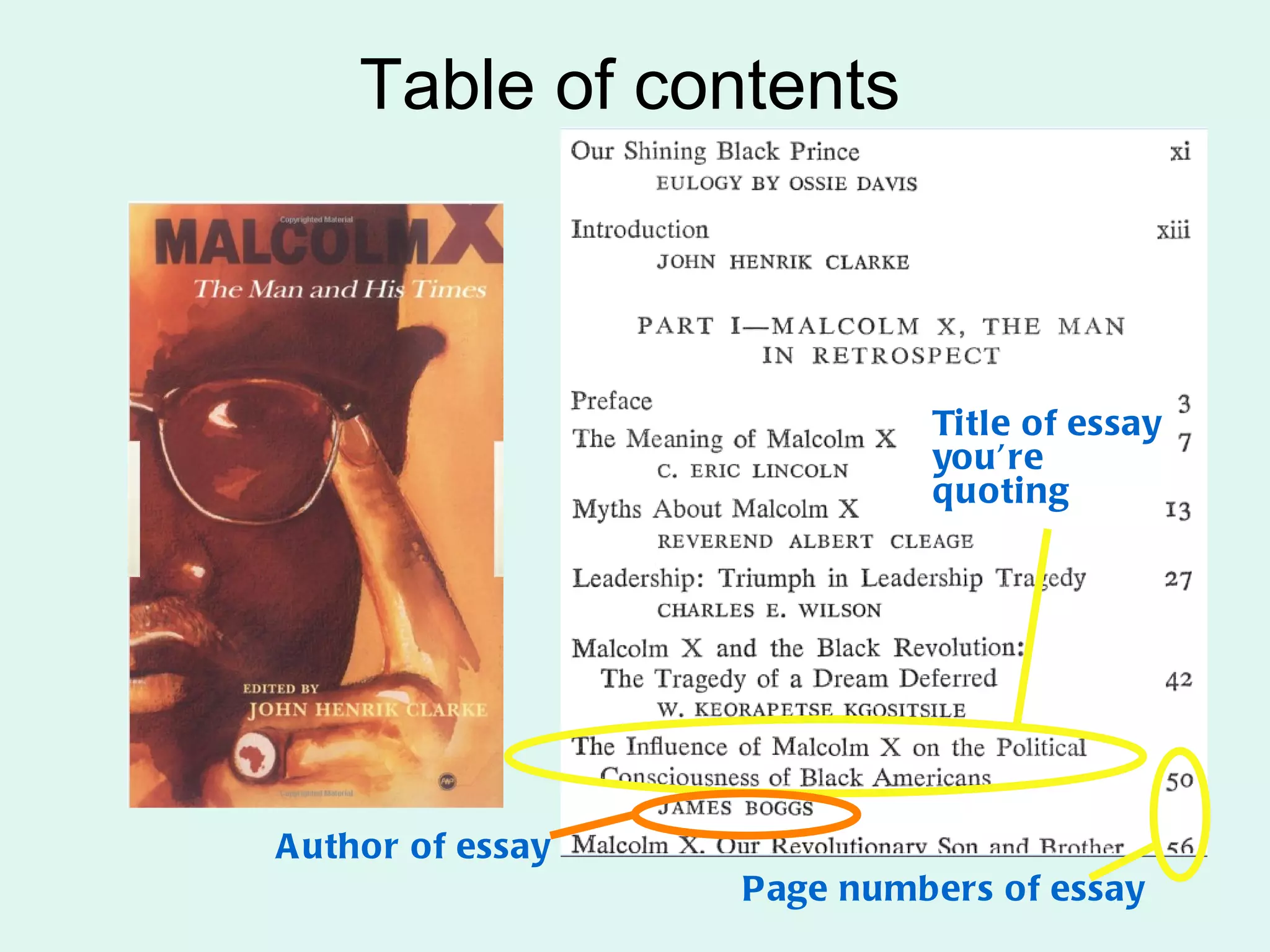 Table of contents



                            Title of essay
                            you’re
                            quoting




A uthor of essay
                   Page numbers of essay
 