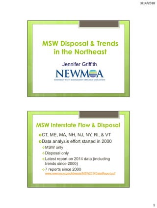 3/14/2018
1
MSW Disposal & Trends
in the Northeast
Jennifer Griffith
MSW Interstate Flow & Disposal
CT, ME, MA, NH, NJ, NY, RI, & VT
Data analysis effort started in 2000
❖MSW only
❖Disposal only
❖Latest report on 2014 data (including
trends since 2000)
❖7 reports since 2000
www.newmoa.org/solidwaste/MSW2014DatatReport.pdf
 