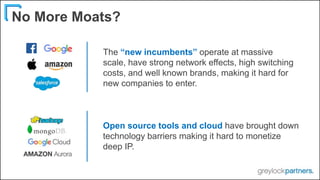 No More Moats?
The “new incumbents” operate at massive
scale, have strong network effects, high switching
costs, and well ...