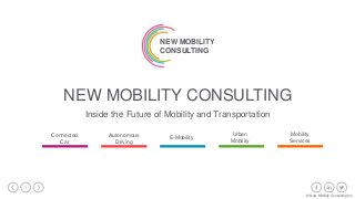 1
Inside the Future of Mobility and Transportation
NEW MOBILITY CONSULTING
NEW MOBILITY
CONSULTING
Connected
Car
Autonomous
Driving
E-Mobility
Urban
Mobility
Mobility
Services
© New Mobility Consulting Inc.
 