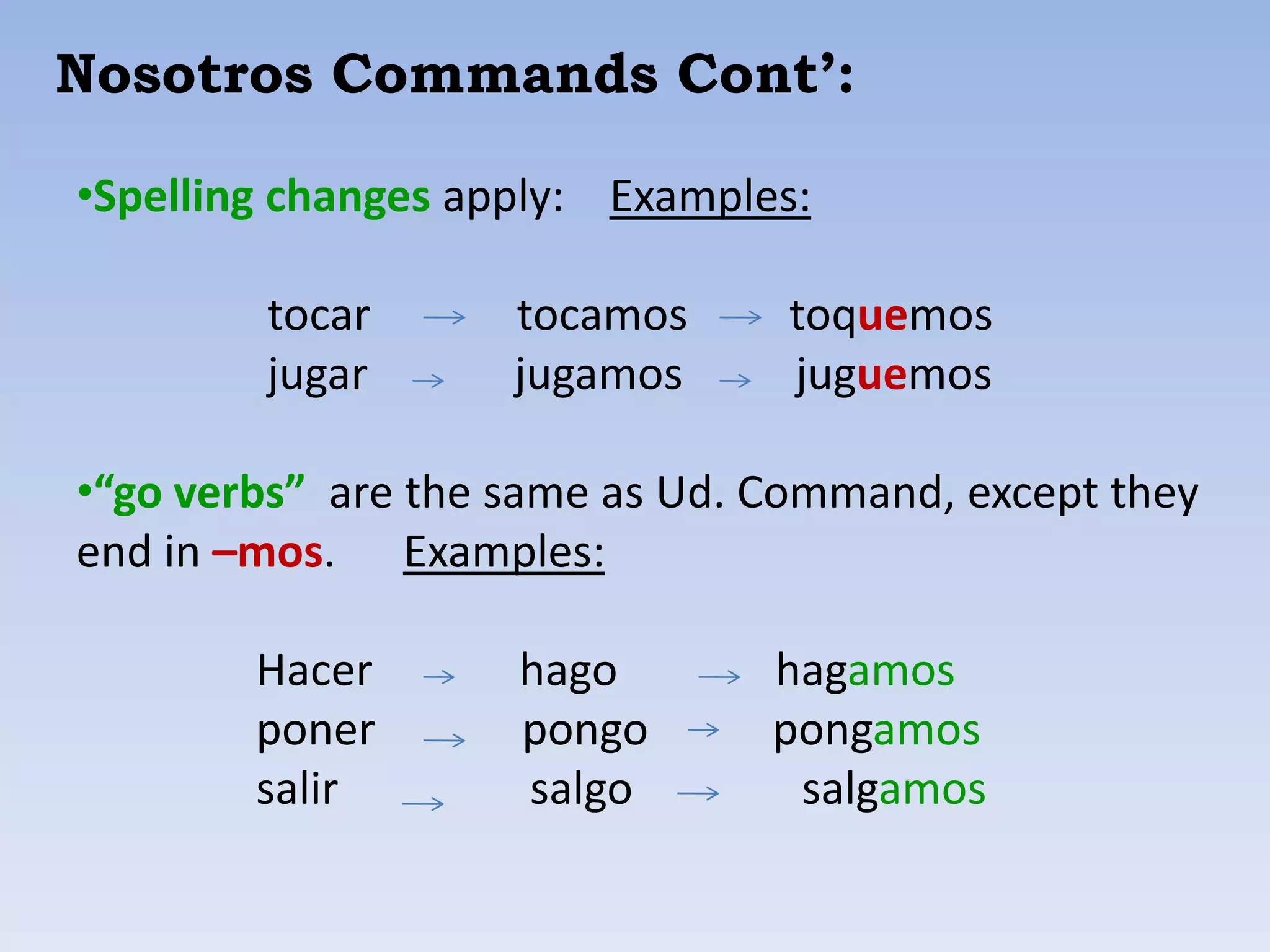 Nosotros Commands Cont’:

•Spelling changes apply: Examples:

        tocar       tocamos      toquemos
        jugar       jugamos      juguemos

•“go verbs” are the same as Ud. Command, except they
end in –mos. Examples:

        Hacer       hago        hagamos
        poner       pongo       pongamos
        salir       salgo        salgamos
 