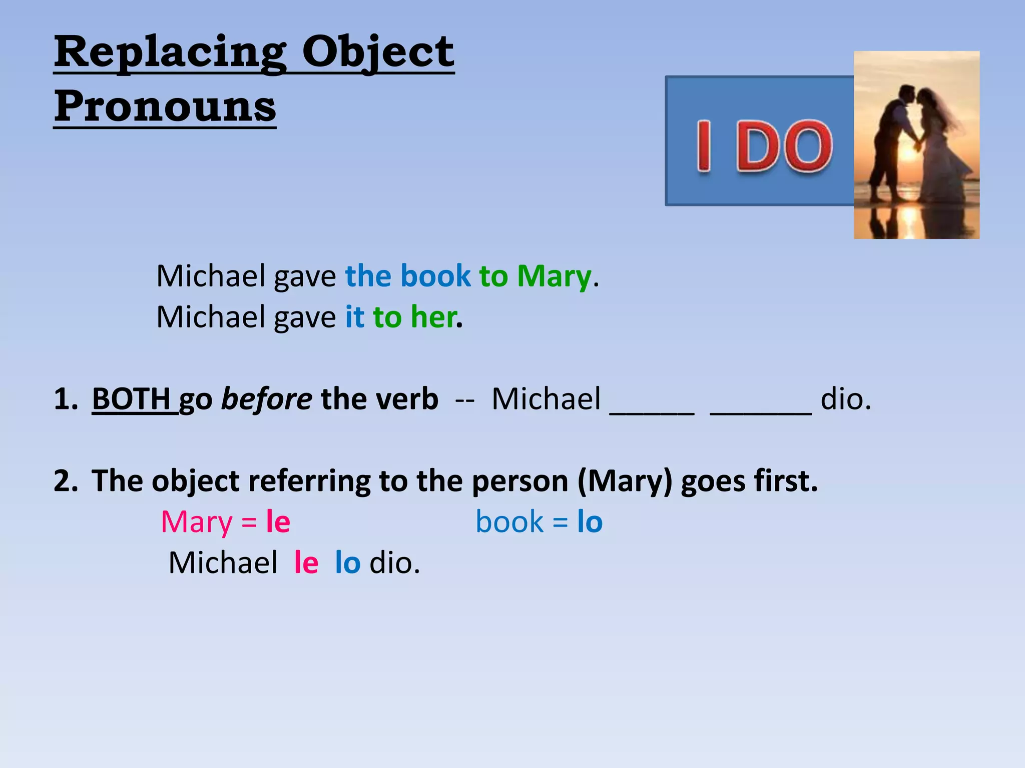 Replacing Object
Pronouns


       Michael gave the book to Mary.
       Michael gave it to her.

1. BOTH go before the verb -- Michael _____ ______ dio.

2. The object referring to the person (Mary) goes first.
       Mary = le               book = lo
        Michael le lo dio.
 