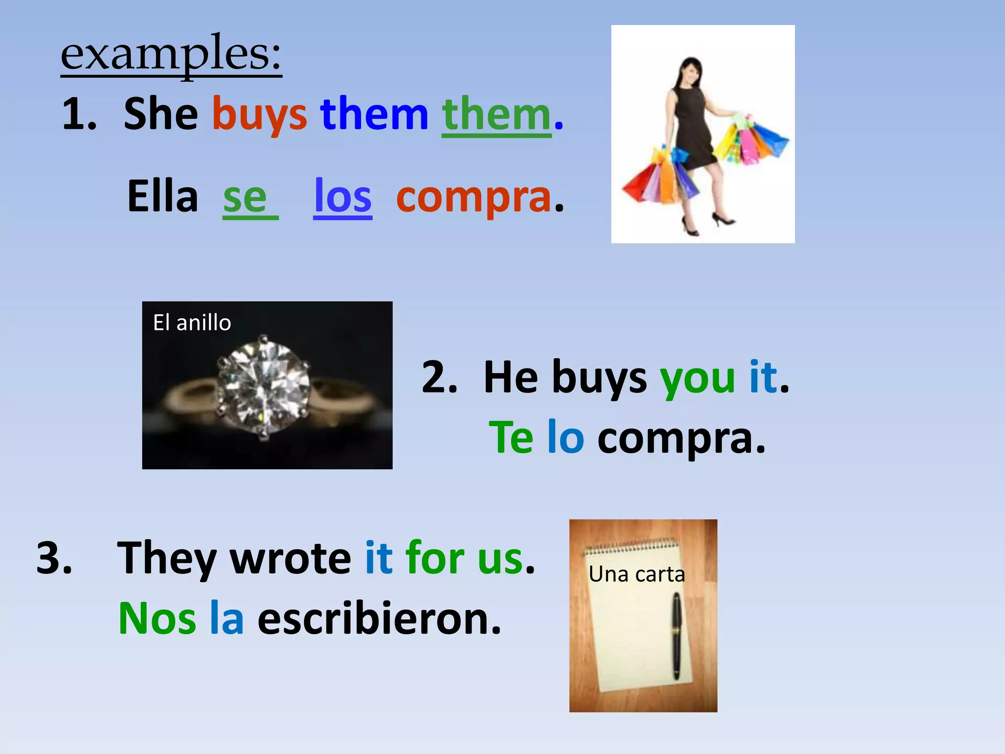 examples:
 1. She buys them them.
    Ella se los compra.

     El anillo

                  2. He buys you it.
                     Te lo compra.

3. They wrote it for us.   Una carta

   Nos la escribieron.
 