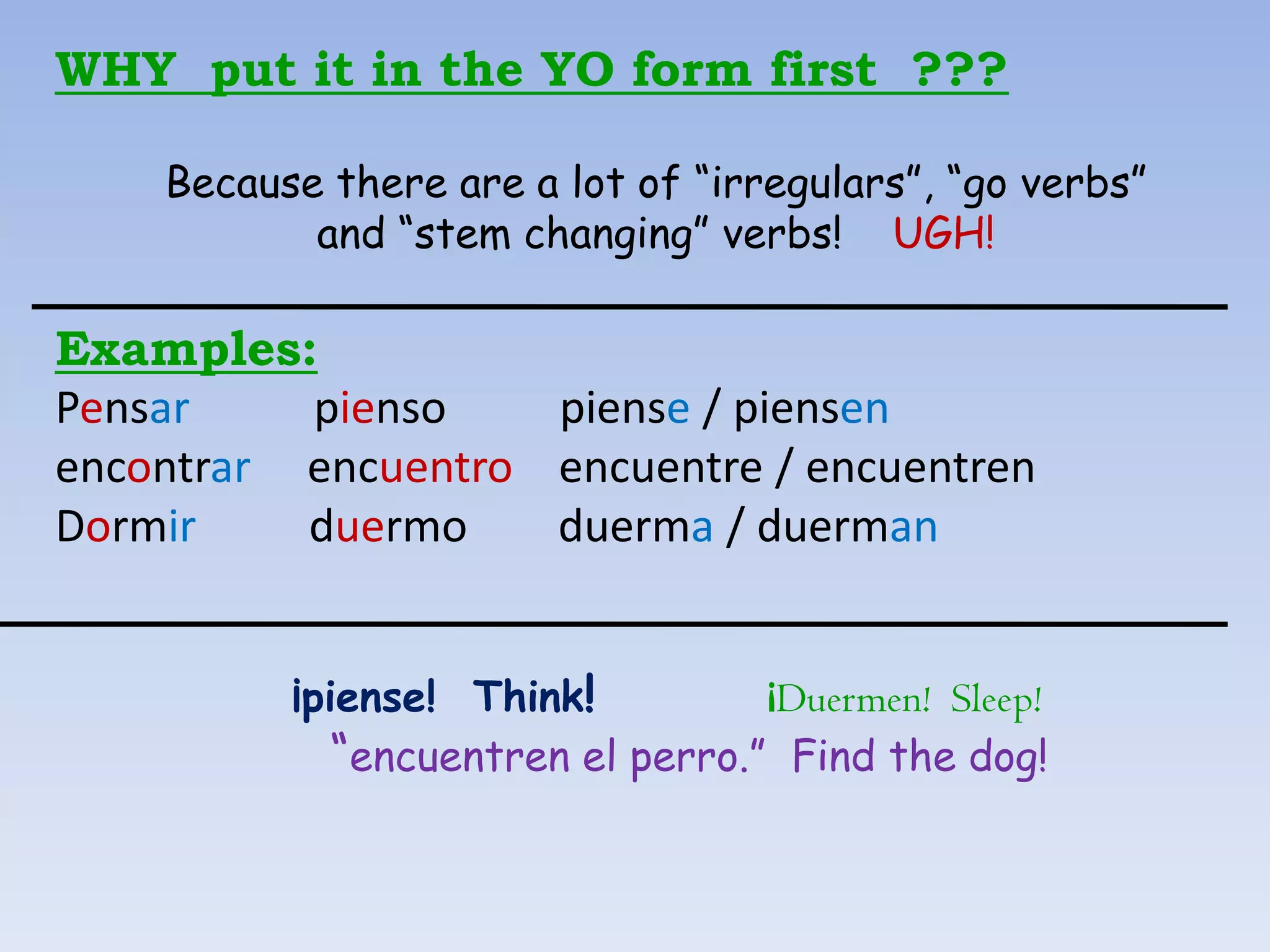 WHY put it in the YO form first ???

    Because there are a lot of “irregulars”, “go verbs”
           and “stem changing” verbs! UGH!

Examples:
Pensar    pienso    piense / piensen
encontrar encuentro encuentre / encuentren
Dormir    duermo    duerma / duerman


          ¡piense! Think!         ¡Duermen! Sleep!
            “encuentren el perro.” Find the dog!
 