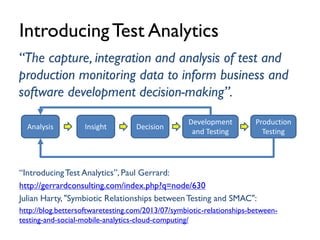 Analysis Insight Decision
Development
and Testing
Production
Testing
IntroducingTest Analytics
“IntroducingTest Analytics”...